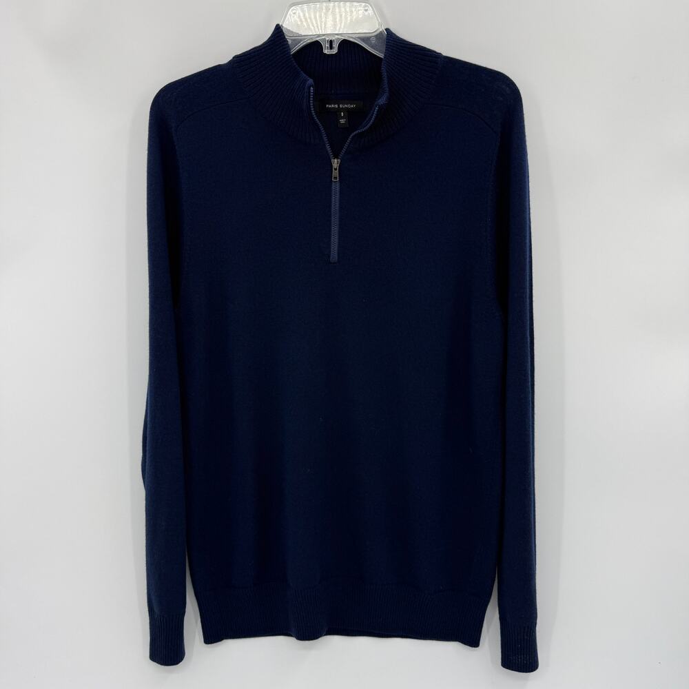 PARIS SUNDAY Men Fine Wool Knit Pullover Sweater Size S Blue 1/4 Zip Lightweight